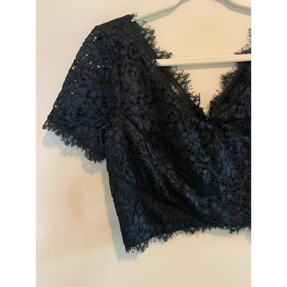 bebe Tops - Bebe Women Navy Black Lace Surplice Crop Top Eyelash Trim Size M